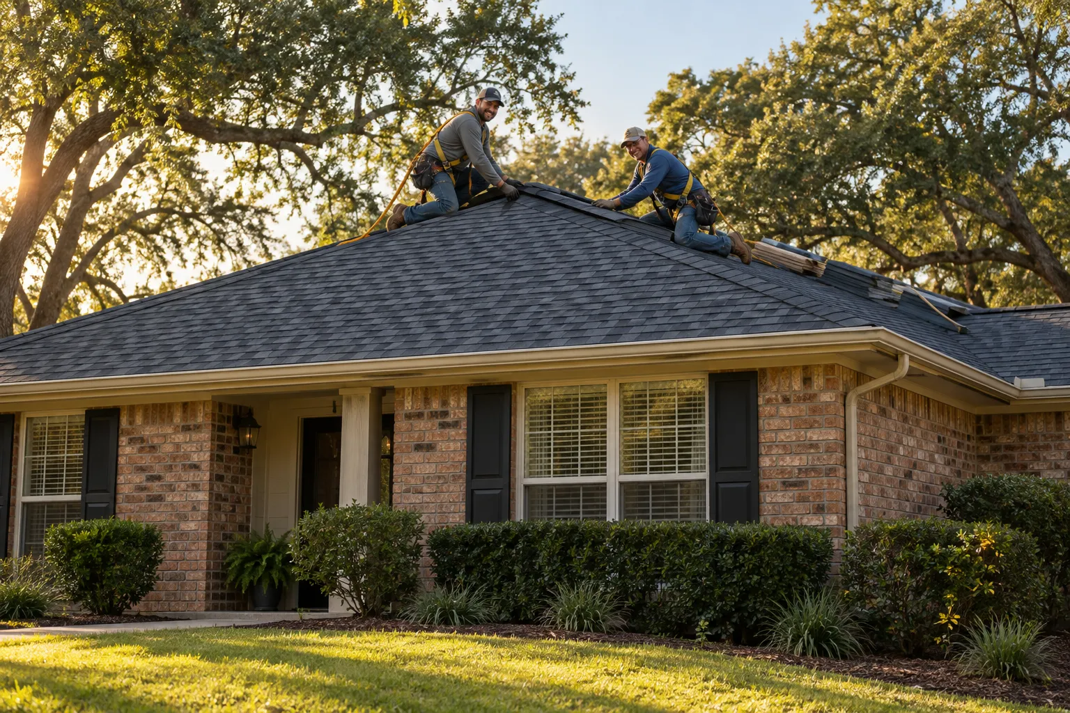 A brick ranch home in Fort Worth with a freshly installed roof under a clear sky